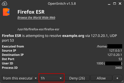 OpenSnitch popup dialog for Firefox