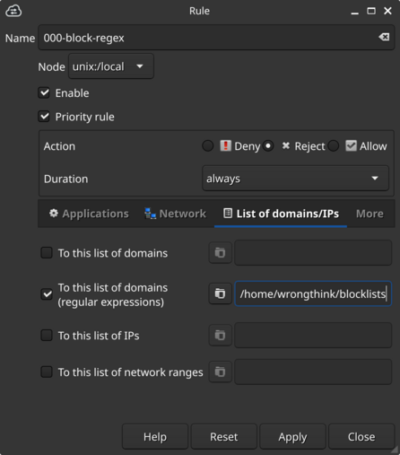 Regular expression based blocklist rules in OpenSnitch UI