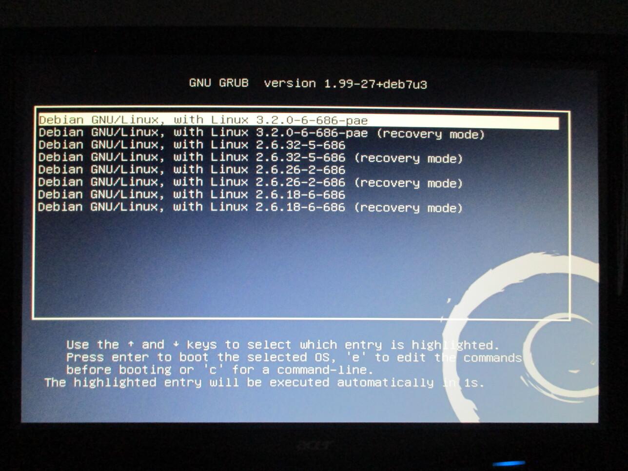 The GRUB menu with all the old kernel entries
